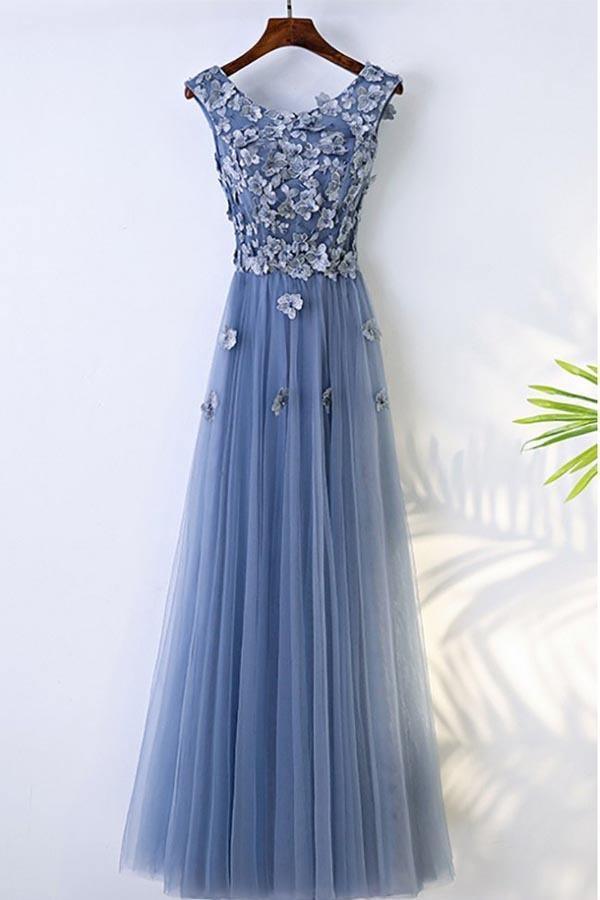 A-line Blue Flowy Prom Dress Long With ...